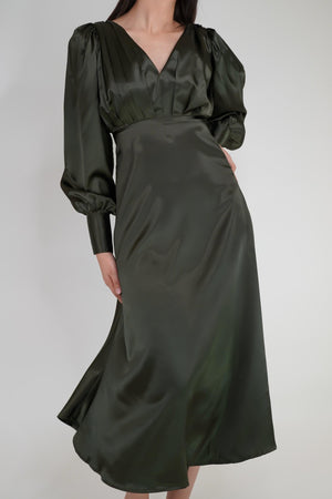 Tia Dark Olive Green Premium Satin Midi Dress With Long Sleeves - TAHLIRA