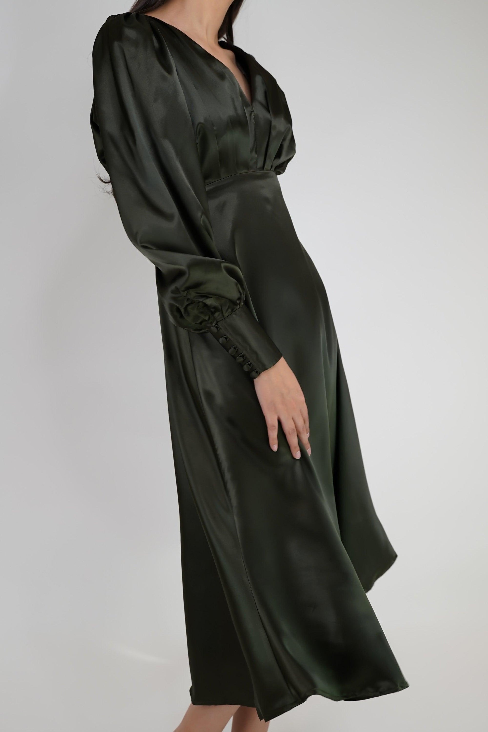 Tia Dark Olive Green Premium Satin Midi Dress With Long Sleeves - TAHLIRA