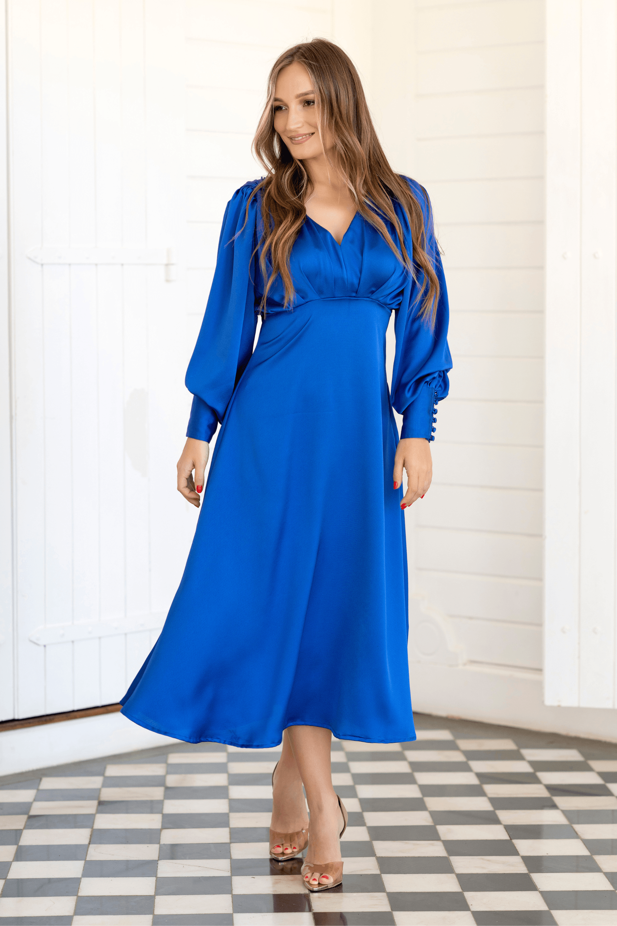 Azurine Cobalt Blue Satin-Feel Midi Dress With Long Sleeves - TAHLIRA