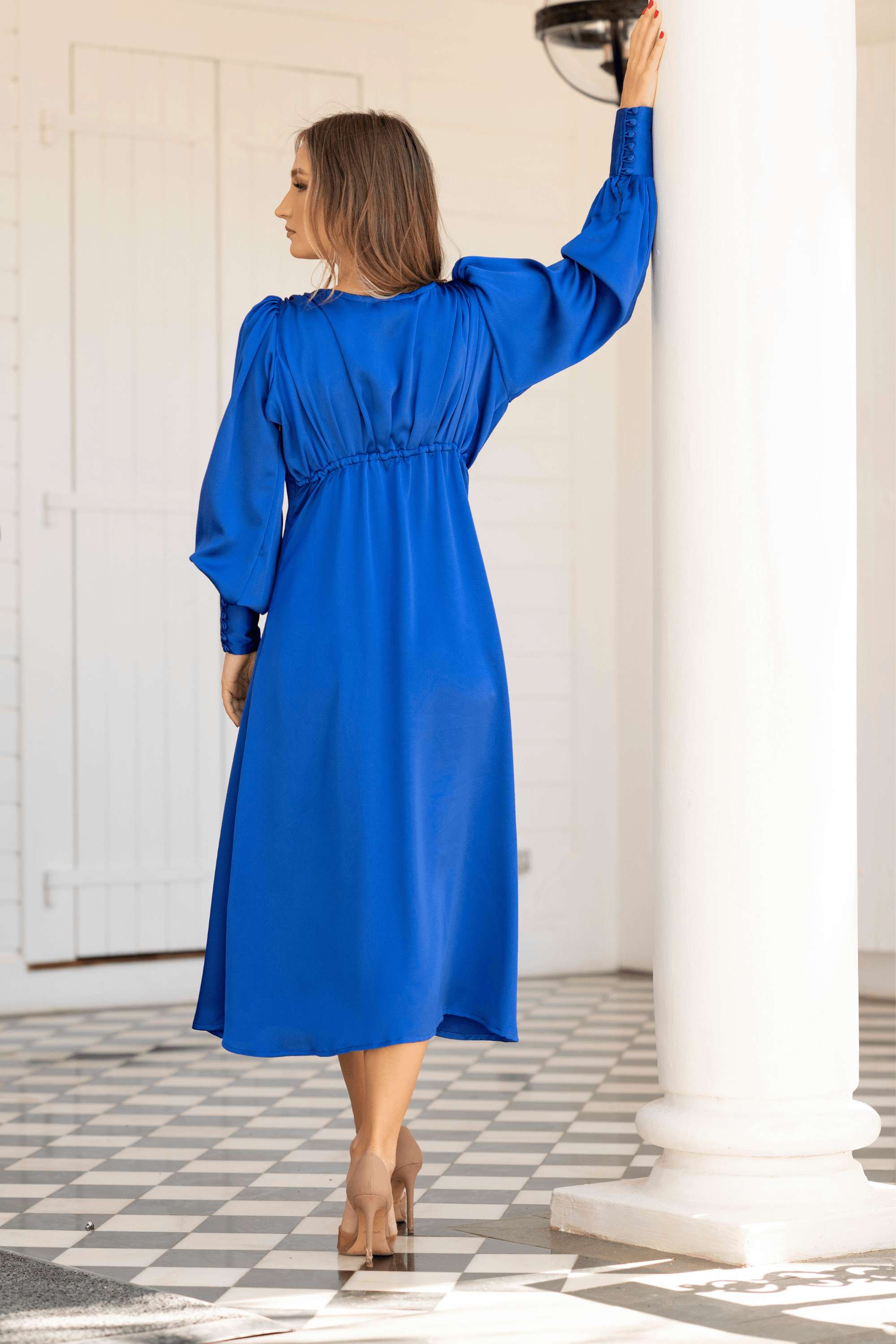 Azurine Cobalt Blue Satin-Feel Midi Dress With Long Sleeves - TAHLIRA