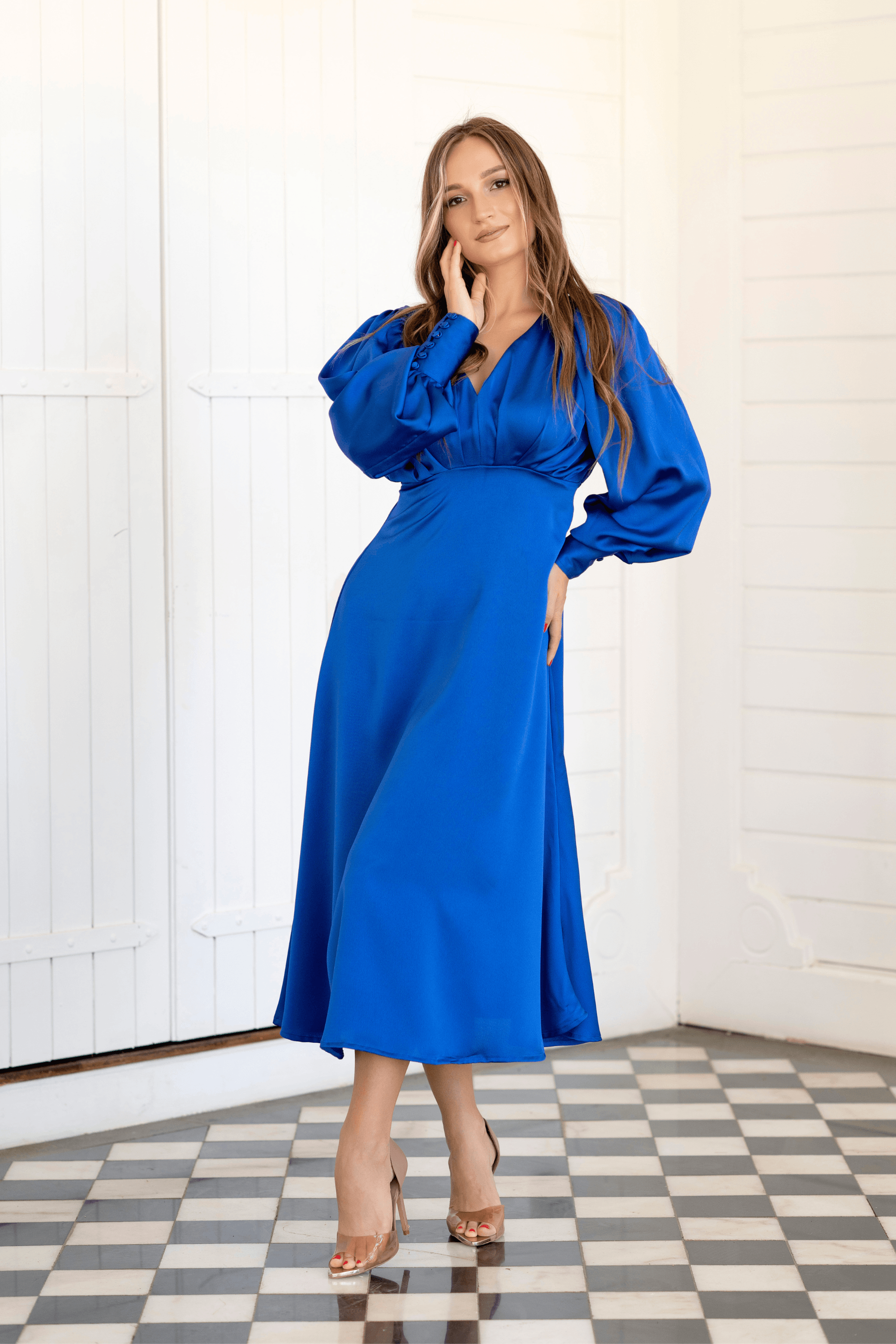 Azurine Cobalt Blue Satin-Feel Midi Dress With Long Sleeves - TAHLIRA