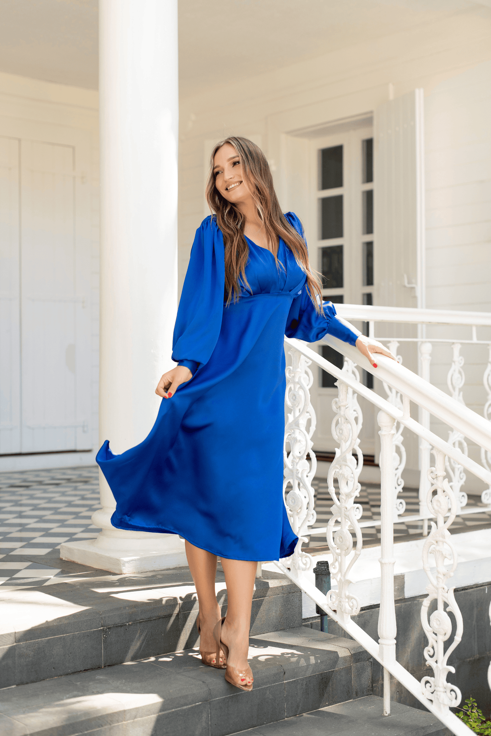 Azurine Cobalt Blue Satin-Feel Midi Dress With Long Sleeves - TAHLIRA