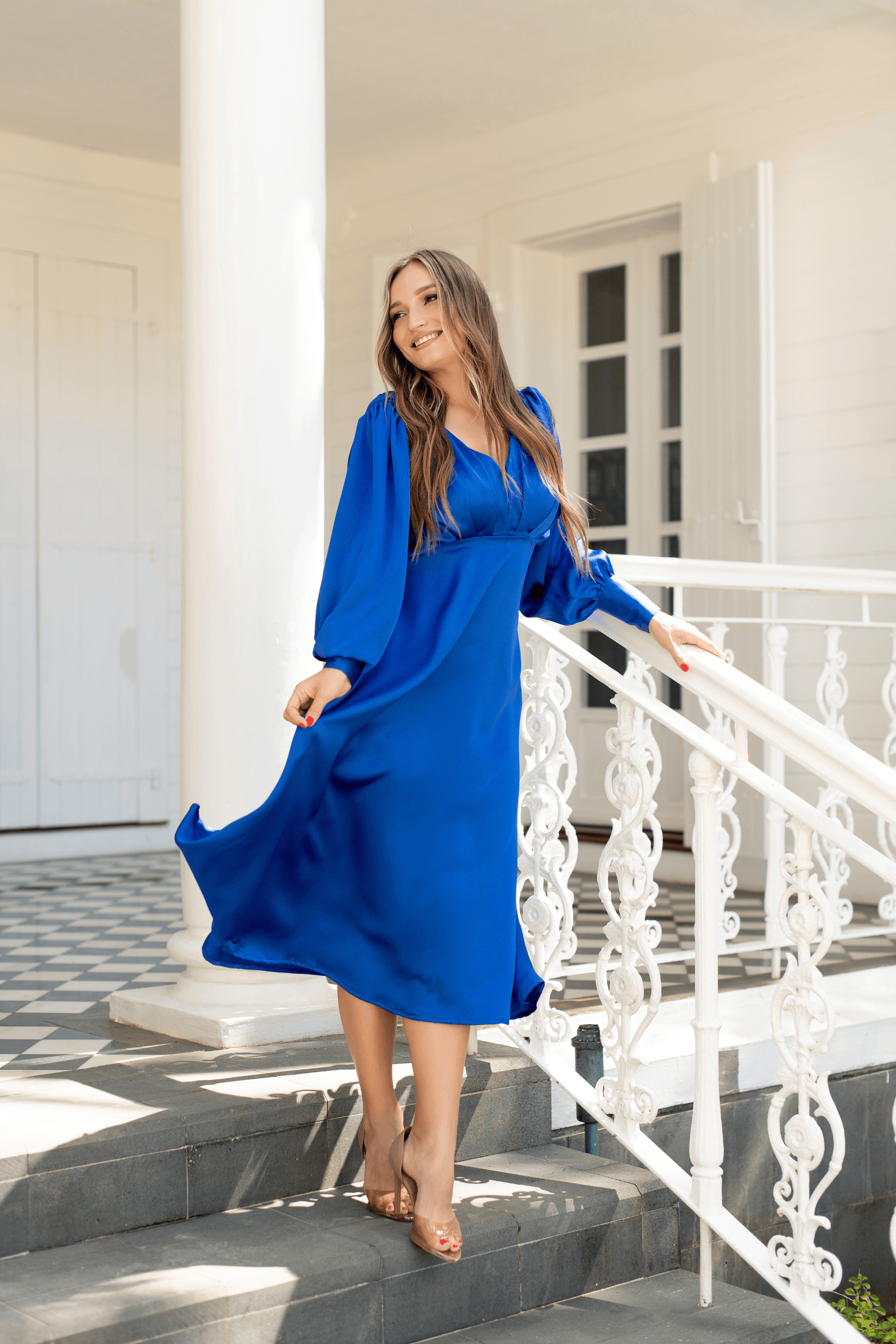 Azurine Cobalt Blue Satin-Feel Midi Dress With Long Sleeves - TAHLIRA