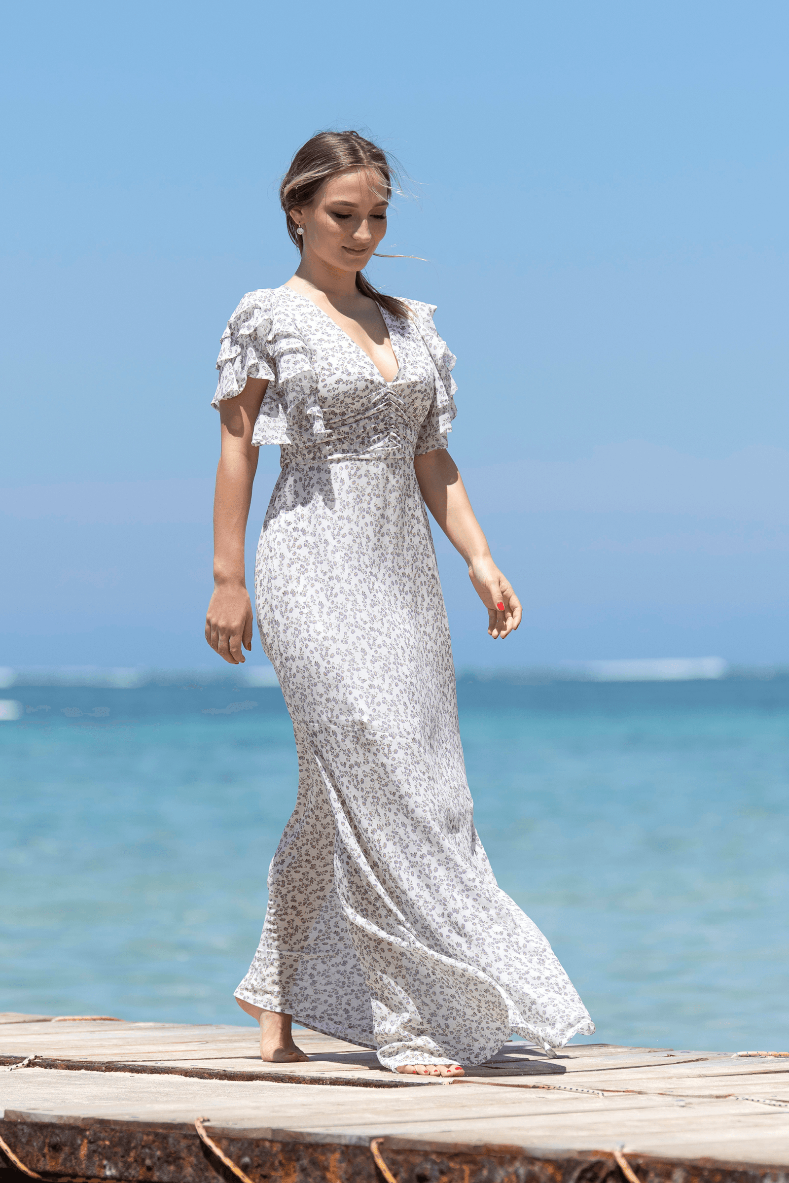 Luna Ruffle Sleeves Maxi Dress With Flare Skirt - TAHLIRA