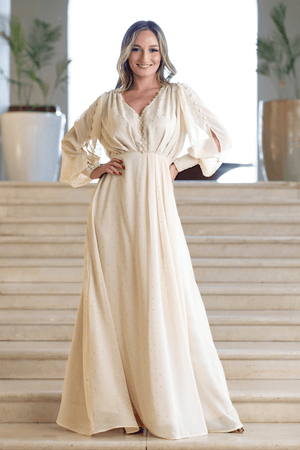 Seline Gold Print Chiffon Flowy Maxi Dress With Long Sleeves - TAHLIRA