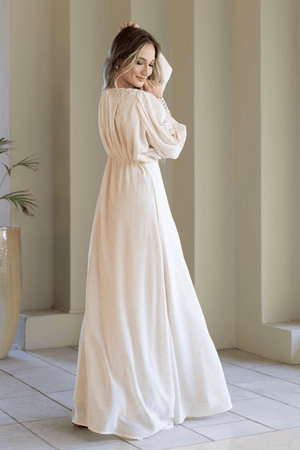 Seline Gold Print Chiffon Flowy Maxi Dress With Long Sleeves - TAHLIRA
