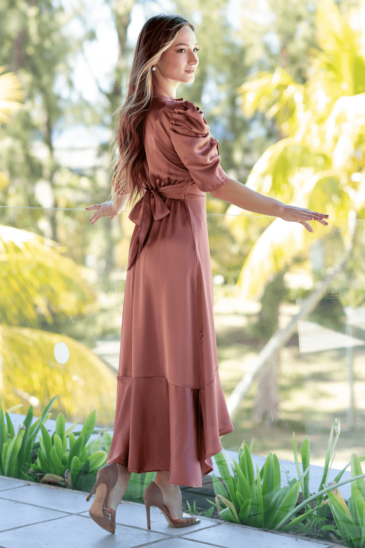 Penelope Soft Brown Satin Feel Crepe Midi Dress With Ruched Sleeves - TAHLIRA
