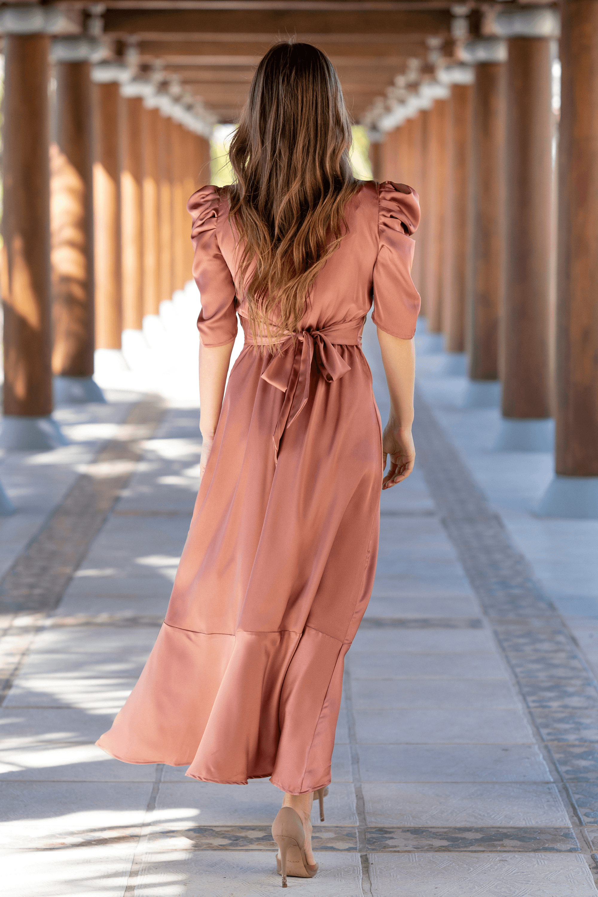 Penelope Soft Brown Satin Feel Crepe Midi Dress With Ruched Sleeves - TAHLIRA