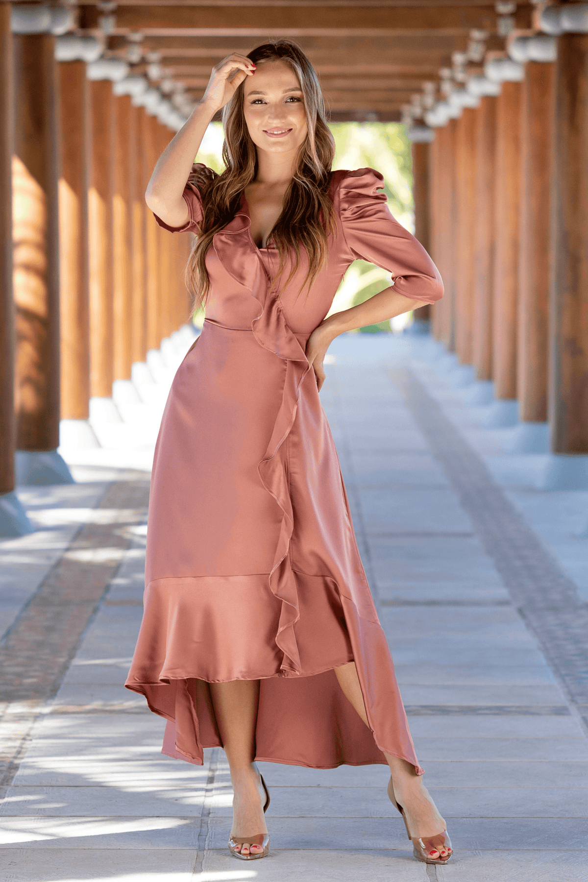 Penelope Soft Brown Satin Feel Crepe Midi Dress With Ruched Sleeves - TAHLIRA