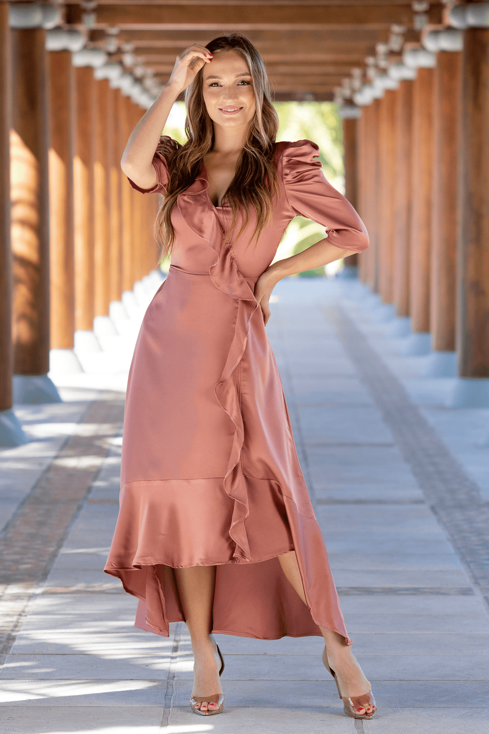 Penelope Soft Brown Satin Feel Crepe Midi Dress With Ruched Sleeves - TAHLIRA