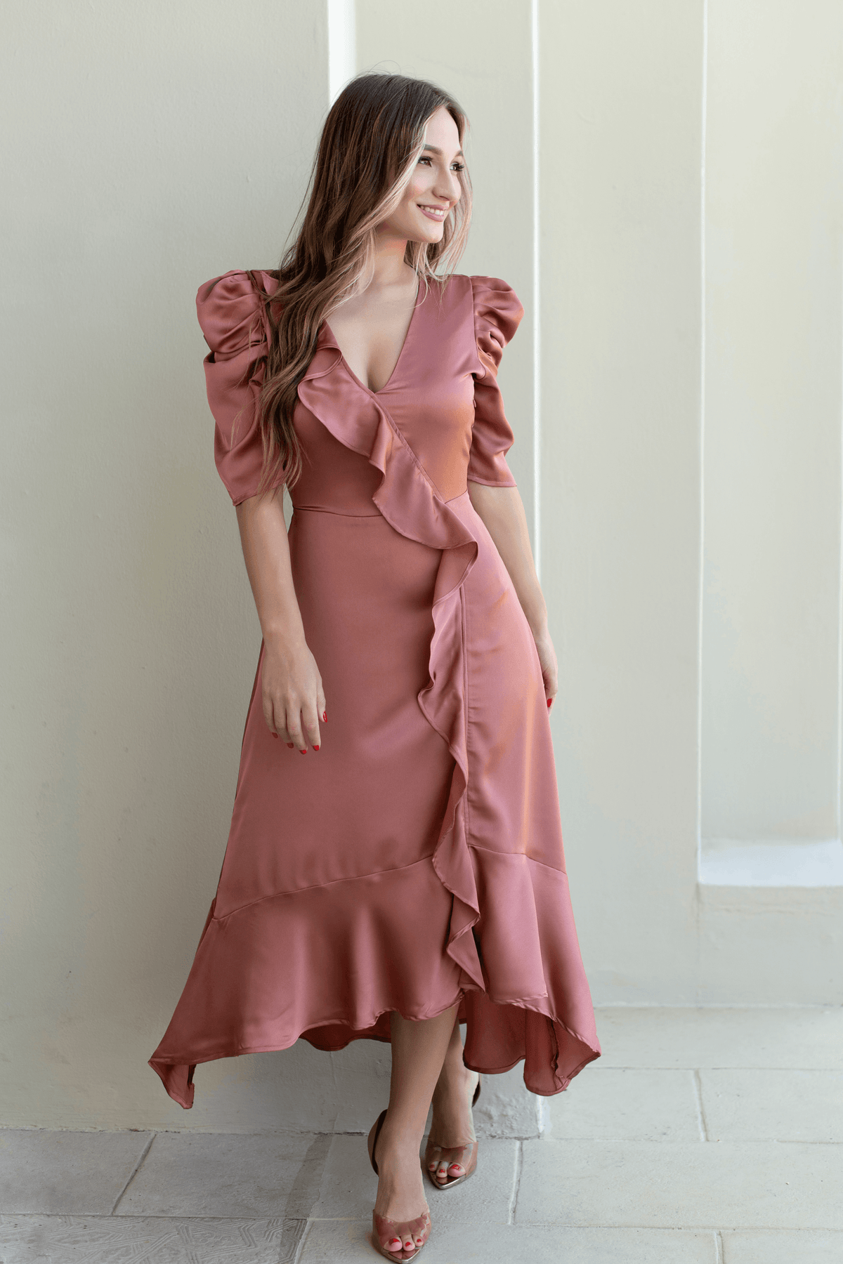 Penelope Soft Brown Satin Feel Crepe Midi Dress With Ruched Sleeves - TAHLIRA