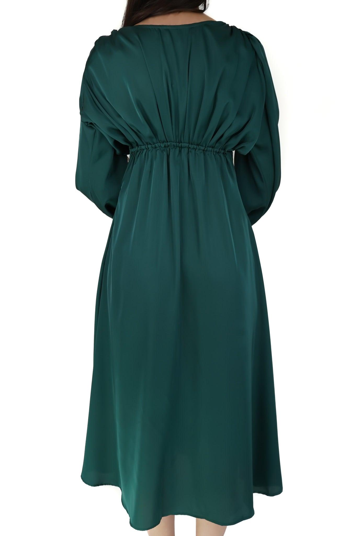 Zarina Emerald Green Luxury Matt Satin Midi Dress With Long Sleeves - TAHLIRA