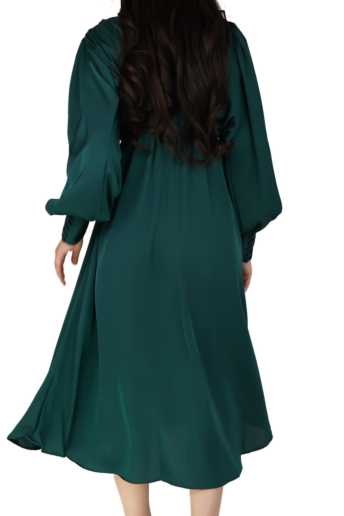 Zarina Emerald Green Luxury Matt Satin Midi Dress With Long Sleeves - TAHLIRA