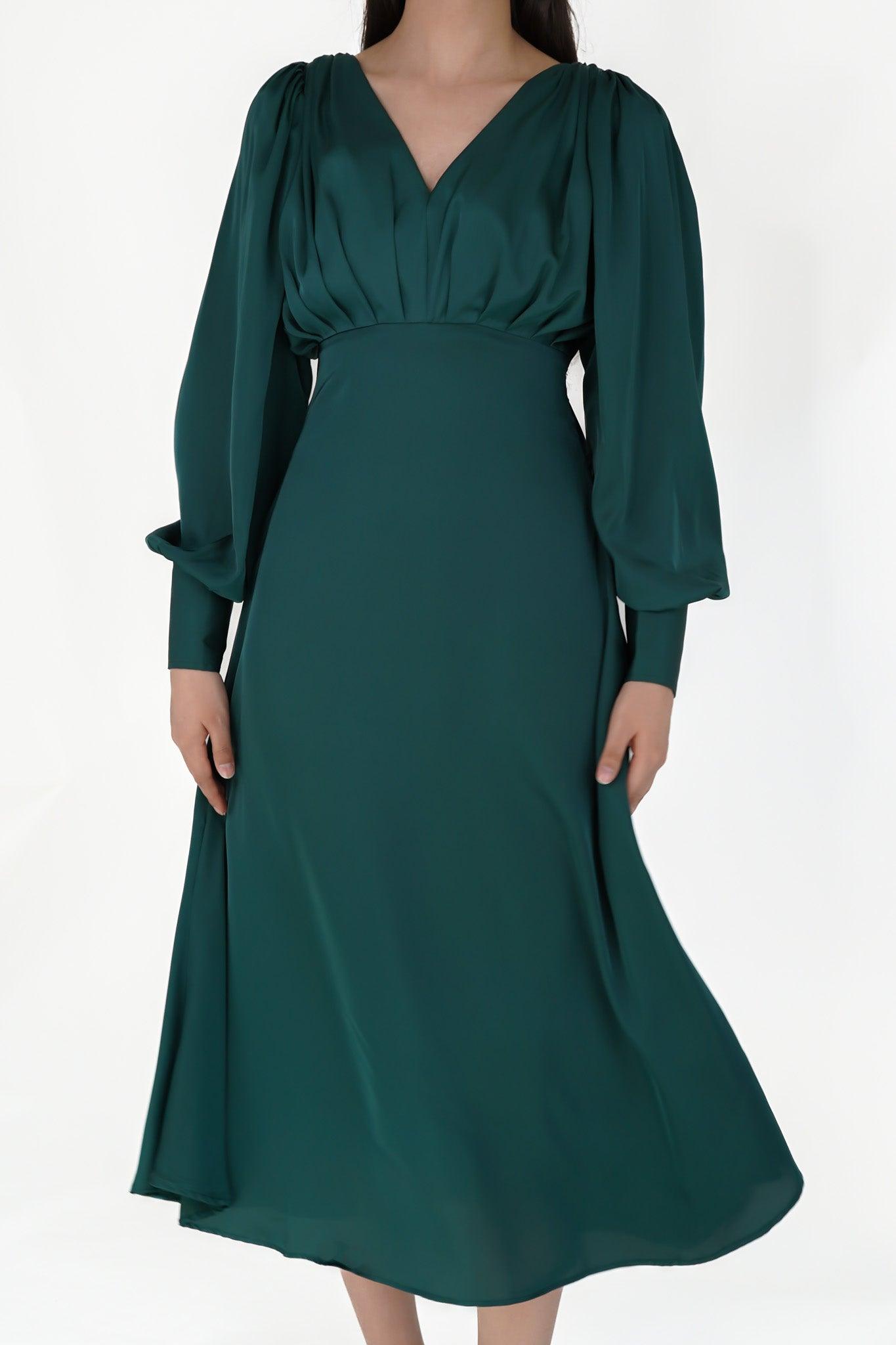 Zarina Emerald Green Luxury Matt Satin Midi Dress With Long Sleeves - TAHLIRA