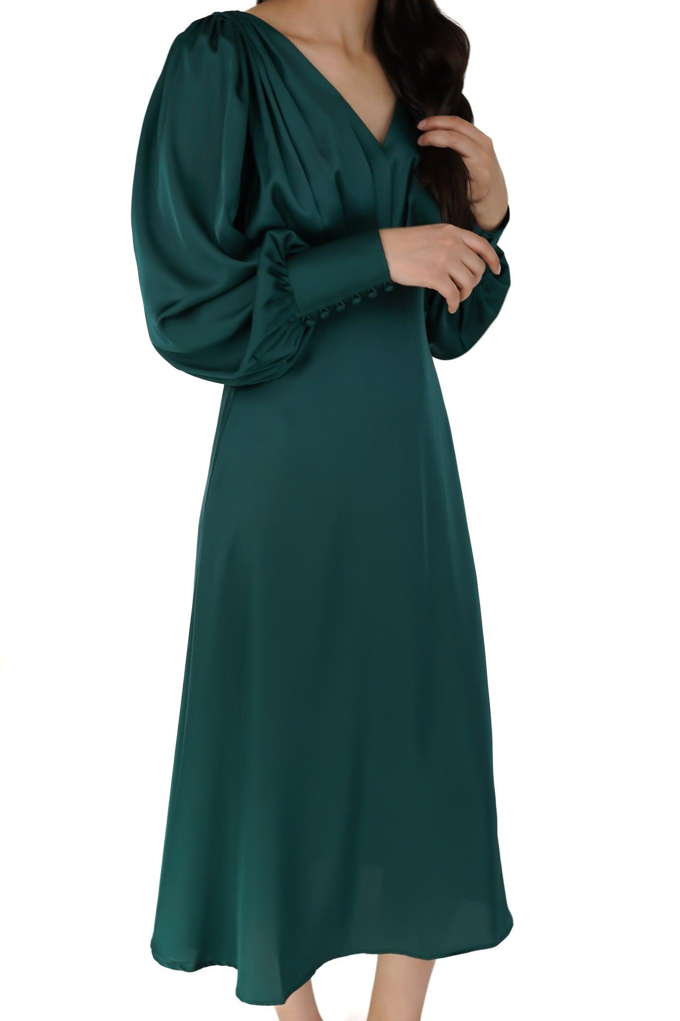 Zarina Emerald Green Luxury Matt Satin Midi Dress With Long Sleeves - TAHLIRA