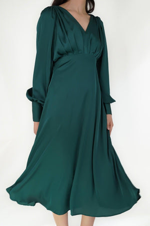 Zarina Emerald Green Luxury Matt Satin Midi Dress With Long Sleeves - TAHLIRA